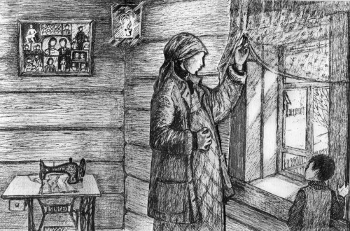 Рисунок Антонины Завьяловой "Вести с войны. Письмоноска идет..." (2013 г.